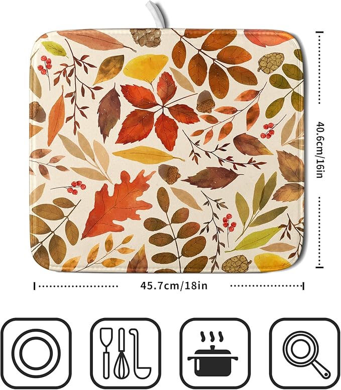 Fall Dish Drying Mat for Kitchen Counter 18x16 Inch Watercolor Autumn Maple Leaf Drying Mat with Absorbent Reversible Microfiber Dish Drainer Mats Rack Pad for Coffee Bar Countertop Protector