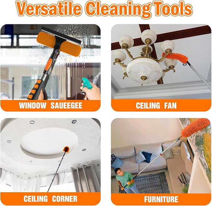 LAANPOLE 36FT High Reach Duster Cleaning Kit with Extension Pole, High Ceiling Fan Cleaner Duster Tool for Fan Blades, Window Washing Kit with Microfiber Feather Duster & Window Squeegee