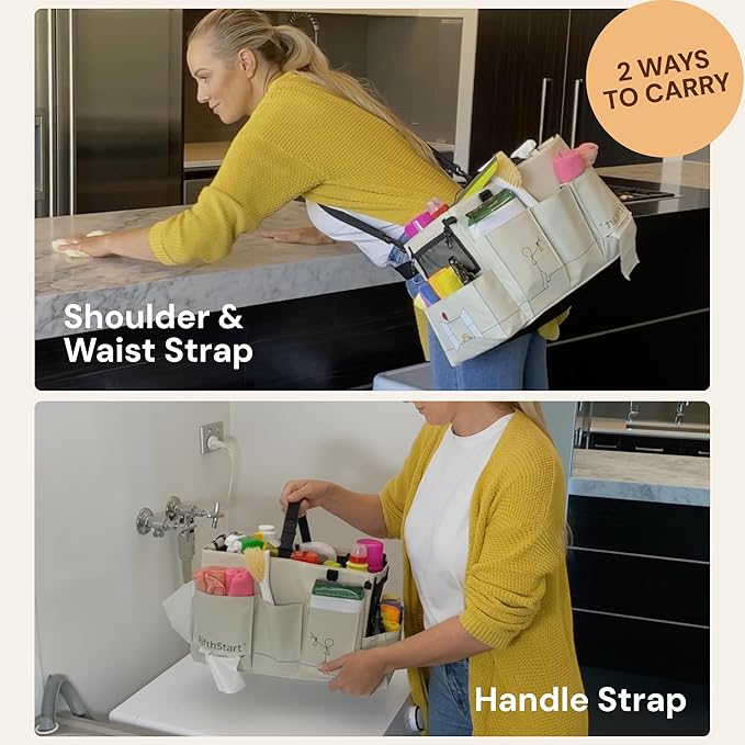 FifthStart Multiuse Cleaning Caddy w/Waist & Shoulder Strap - 9 Pockets Tote Bag for Housekeeping Gardening Fishing Bathroom Organizer Adjustable Compartments, Black Large Caddy Organizer with Handle