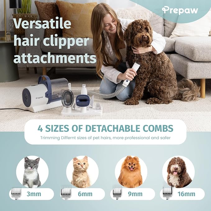 Prepaw Premium Pet Grooming Kit with Vacuum, 11000Pa Suction Power, 2.5L Dust Cup, 7 Grooming Tools, Cordless Paw Trimmer, Nail Grinder, Large Capacity Dust Cup, Whisper Operation, USA Design