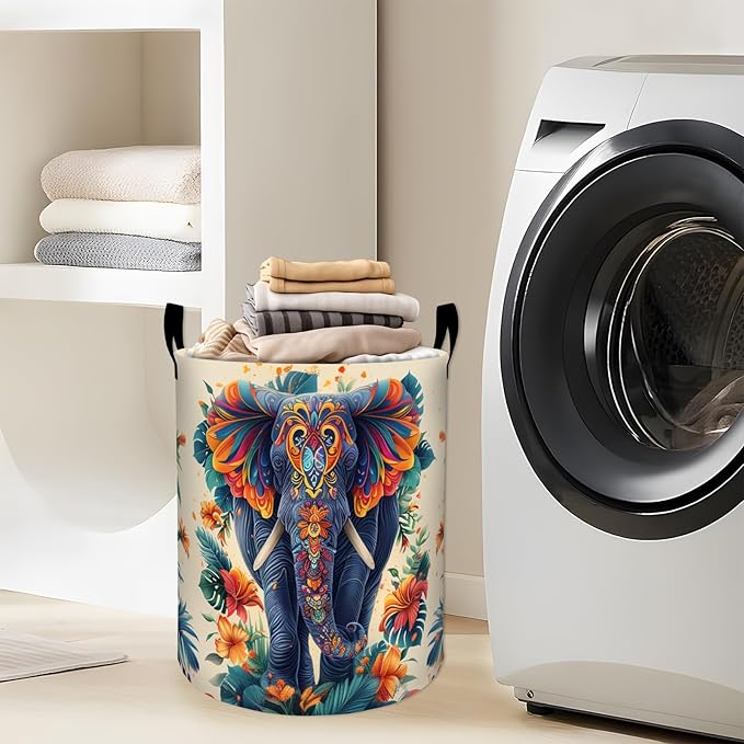 Ornate Elephant with Colorful Flowers Laundry Basket with Handles, 19.7"x15.7" Clothes Foldable Laundry Hamper Organizer for Dorm Nursery Bedroom Bathroom Decor, Toy Storage Bin for Kids