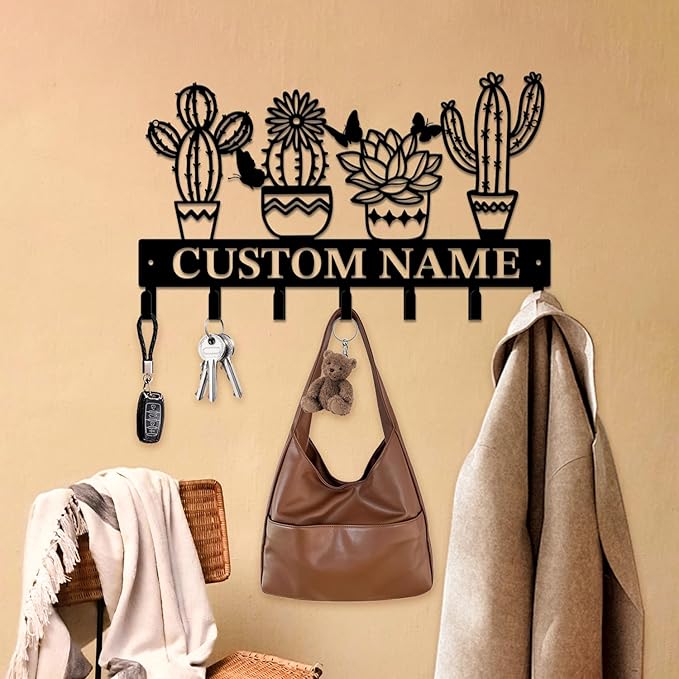 Personalized Custom Name Cactus Wall Keys Hooks,Metal Cactus Art Clothes Hooks,Metal Cactus Lover Wall Home Storage Decorative,For Front Door, Hallway, Kitchen, Bedroom,Keys,Hats (Style J)