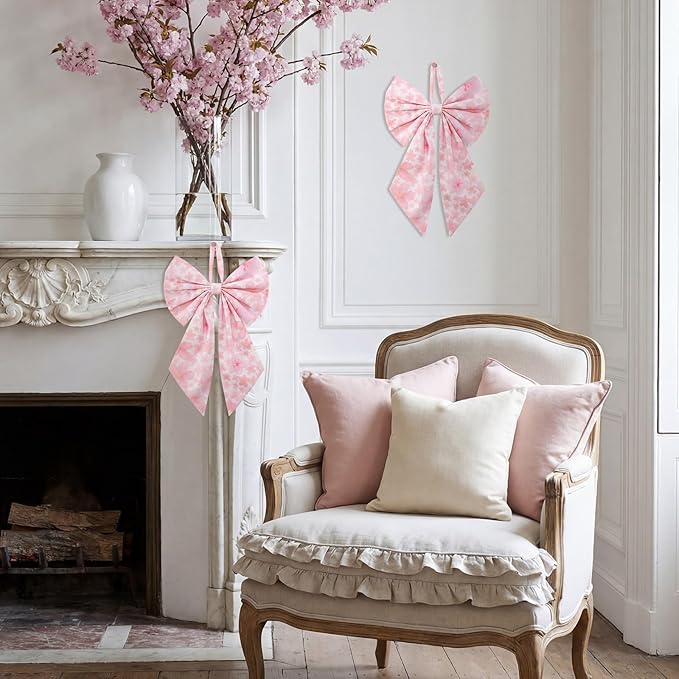 2 Pcs Spring Cherry Blossoms Wreath Bows 19.6'' x 11.8'' Large Tree Topper Pink Ornament Rustic Burlap Wreath Sash for Front Door Spring Party Yard Doorway Indoor Outdoor Wall Decor
