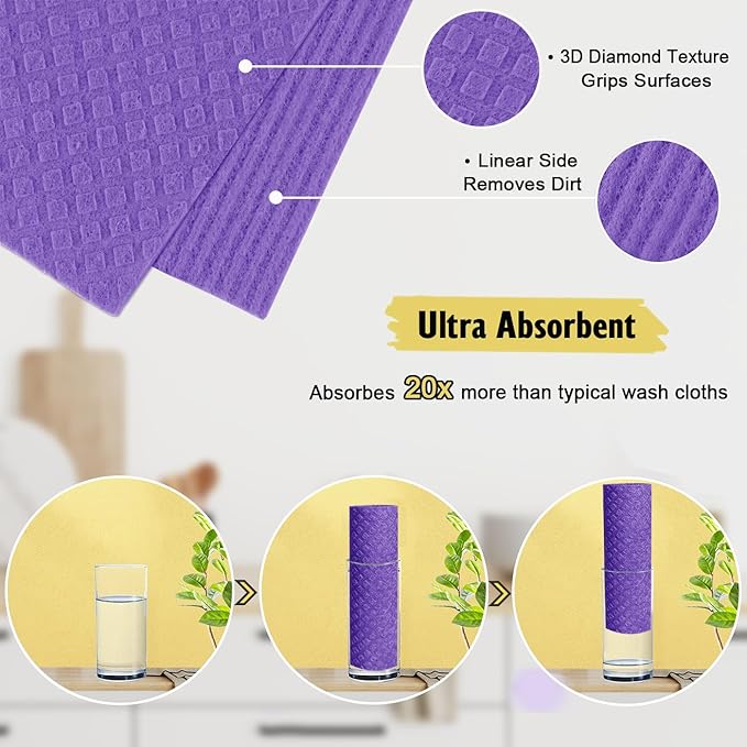 MoLKENE Swedish Dishcloths for Kitchen | 6 Pack Absorbent Cellulose Sponge Cloths Washable | Non-Scratch Reusable Paper Towels Quick Drying Cleaning Cloths - Purple