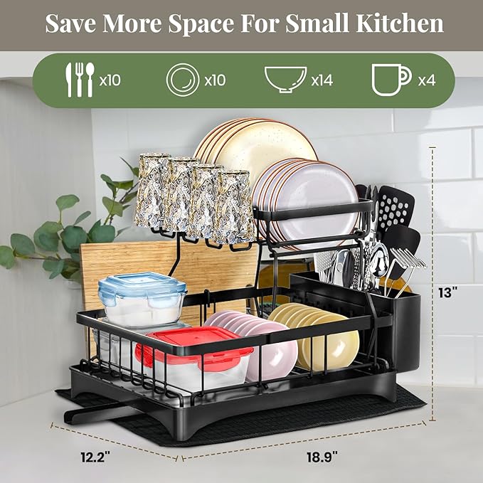 DINEST 2 Tier Dish Drying Rack with Drainboard – Rust Resistant Iron Kitchen Dish Rack with 270° Rotating Spout, Utensil & Plate Holders – Compact Drying Rack for Kitchen Counter - Black