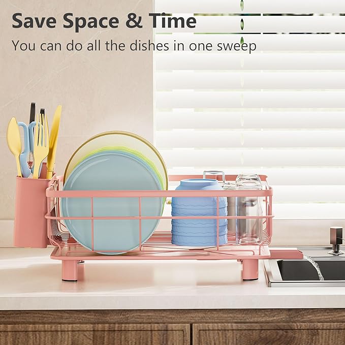 AIDERLY Iron Dish Drying Rack Auto Drain Dish Drainers Kitchen Counter Strainer with Draining Tray, Pink