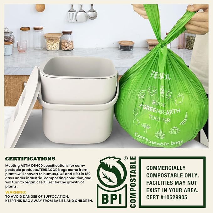 TERRACOR Compost Bags, Handle Tie Food Scrap Bags 3 Gallon,100 Count,Certified by BPI and ASTM D6400, Kitchen Compost Bin Compatible