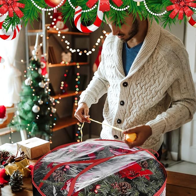 ProPik Christmas Wreath Storage Bag 36" - 2 Pack Clear Christmas Wreath Storage Container - Garland Holiday Artificial Wreath Storage Holder - Water Proof Transparent Clear PVC (36 Inch, Red)