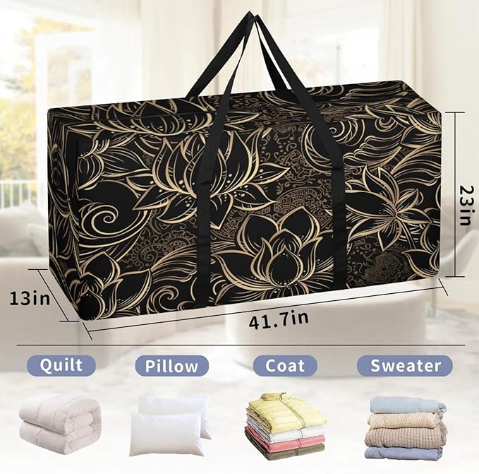 Extra Large Storage Bag with Zipper 54 Gallon Moving Bags Heavy Duty Christmas Tree Storage Bag Packing Bags for Moving, Storage Totes Duffle Bag Waterproof Containers for Organizing (Golden Lotus)