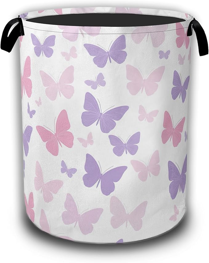 Butterfly Laundry Basket,Waterproof Foldable Pink Purple Butterflies Laundry Hamper,Dirty Clothes Basket, Linen Bin Storage Organizer Collection 16" x 20.8"