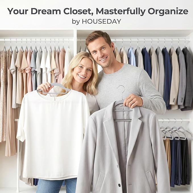 HOUSE DAY Plastic Hangers 50 Pack, Grey Plastic Clothes Hangers Non Slip with Rubber Grip, Heavy Duty Hanger with 360° Swivel Metal Hook, Ultra Thin Hangers Space Saving for Closet Organizer
