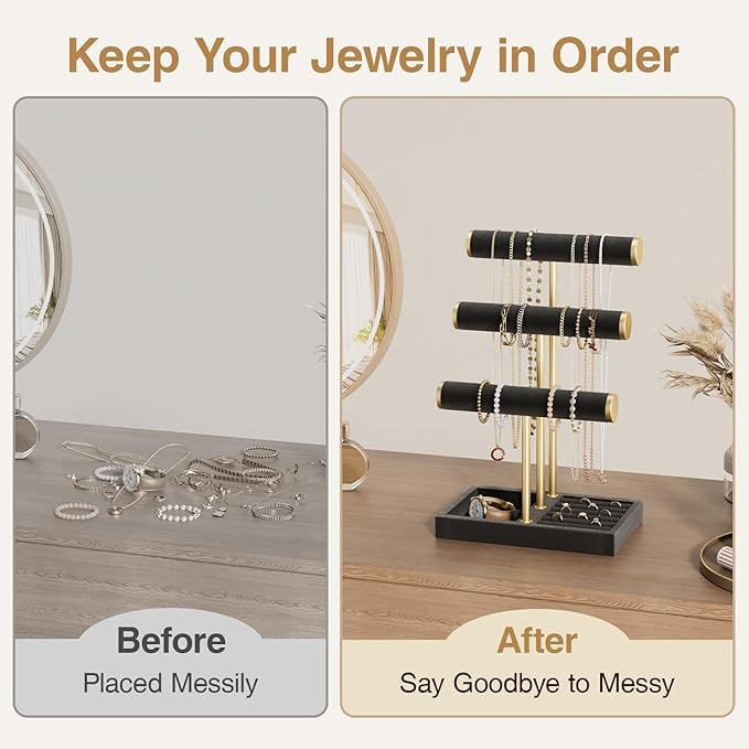 bussdis 3 Tier Bracelet Holder Display - Detachable T Bar Black Velvet Bracelet Holder, Jewelry Holder Organizer for Bracelet, Necklace, Watches, Rings