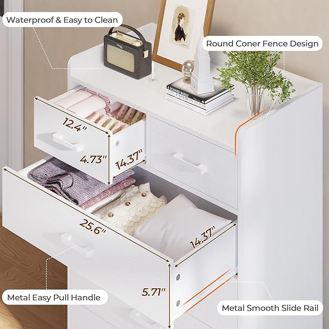 Hasuit White 6 Drawer Dresser, Wooden Storage Chest of 6 Drawers, Vertical Large Capacity Clothing Storage Organizer, Tall Dressers for Bedroom, Hallway, Entryway