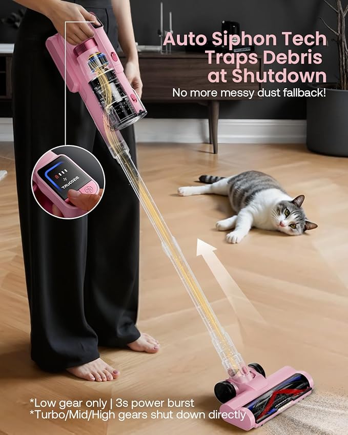 Cordless Vacuum Cleaner for Home, Upgraded 60Kpa Powerful Suction Pet Hair Vacuum with 70min Runtime, Green LED Light for Hardwood Floors & Carpet, Self-Standing Rechargeable Stick Vacuum, Light Pink