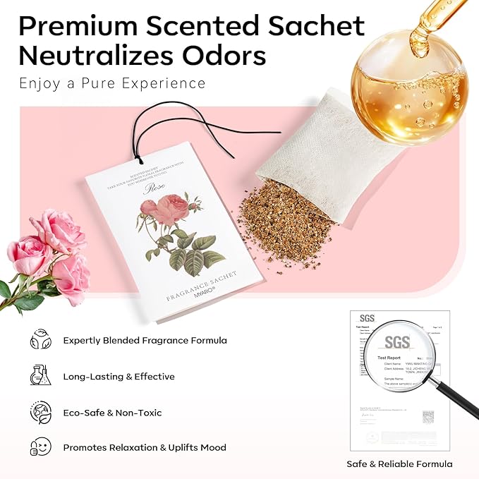 MYARO 12 Pcs Rose Scented Sachets Long Lasting Room Air Freshener Odor Deodorizer Eliminating for Home Drawer Closet Clothes Storage