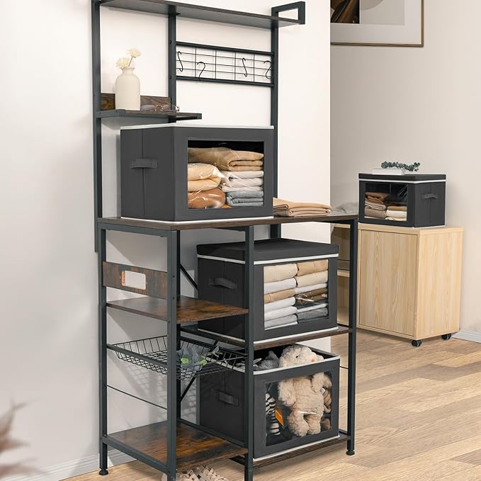 Stackable Storage Bins with Lids - Large Storage Box with Lids, Foldable Closet Boxes for Organizing, Wardrobe Clothes Organizer with Window, Cubes Bins for Living Room, 4 Pack, Dark Grey