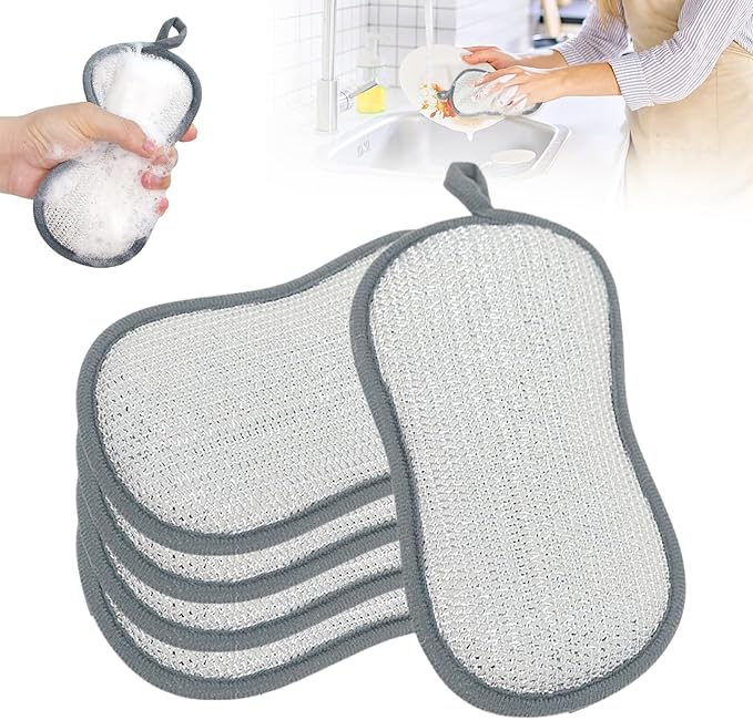 Multipurpose Cleaning Sponges, Non Scratch Double-Sided Heavy Duty Scrub Sponges, Silver Stainless Steel and Multi-Layer Fiber, Metal Scrubbing Pads Sponge Cloths for Home Kitchen (5)