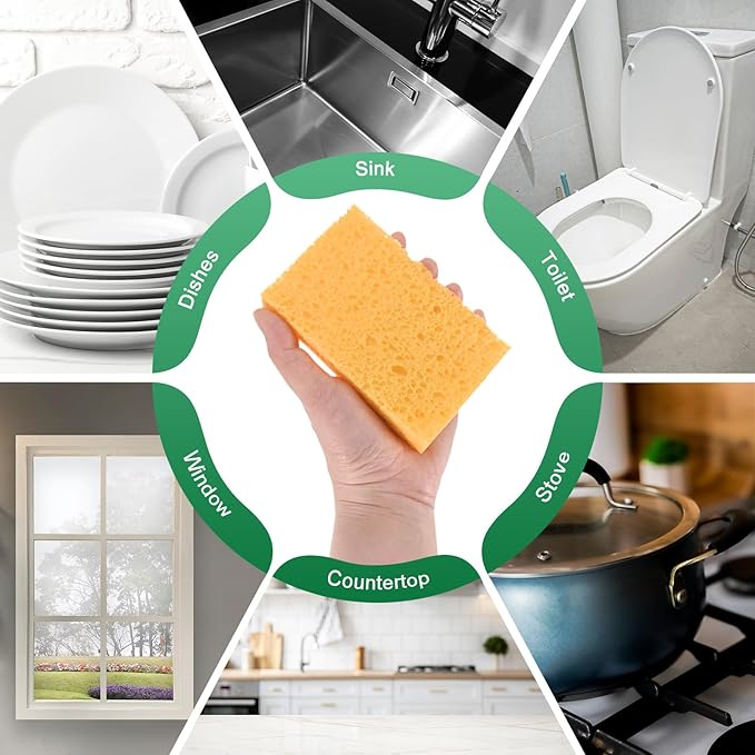 M METERXITY 12-Pack Kitchen Sponges, Condense Eco Cellulose Non-Scratch Scrub Heavy Sponge for Kitchen/Household/Bathroom, Clean Tough Messes Dish Scrubber [Beige]