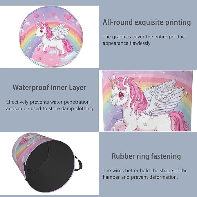 Cute Unicorn Laundry Basket,Rainbow Foldable with Handles Tote Bag Oxford Cloth for Bathroom Bedroom Dirty Clothes Storage Bucket 16" x 20.8"