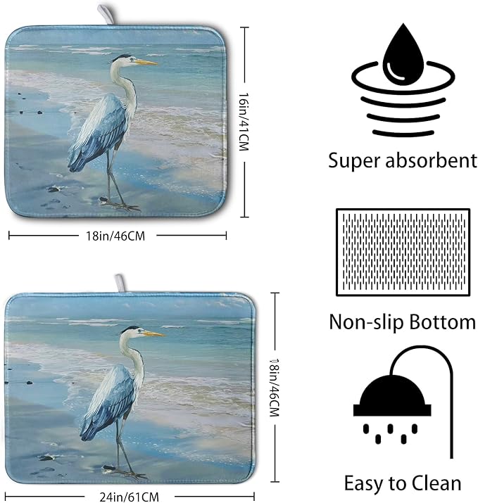 Kwlegh Summer Blue Dish Drying Mat for Kitchen Counter 18x24 Inch Heron Coastal Beach Drying Mats Nautical Ocean Bird Dishes Drainer Mats Microfiber Absorbent Dish Rack Pad