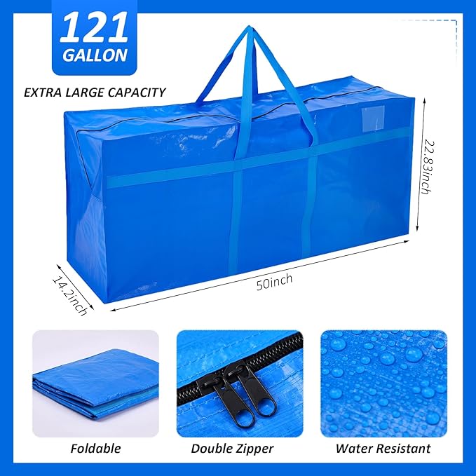Windyun 4 Pack 121 Gallon Extra Large Moving Bags XXL Heavy Duty Storage Bag with Strong Zipper Handle Jumbo Big Tote Box Foldable for College Dorm Travel Clothes Duffle Blanket Pillow(Blue)