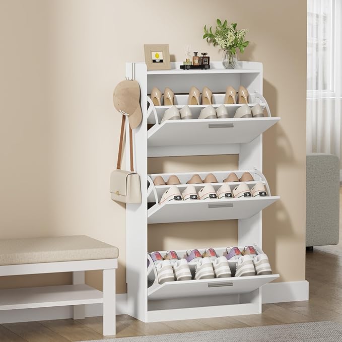 Shoe Cabinet Organizer with 3 Flip Drawers & 3-Tier Adjustable Shelves, Freestanding Shoe Rack Cabinet, Narrow Shoe Storage for Entryway, Foyer, Hallway, White, 23.6" W × 9.4" D × 47.2" H