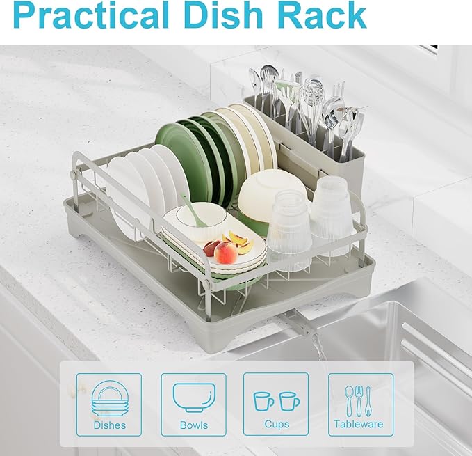 HOMEBOSILY Dish Drying Rack - Space-Saving Dish Rack,Dish Racks for Kitchen Counter with Drainboard,Rustproof Countertop Dish Drainer with Utensil Holder for Sink Grey