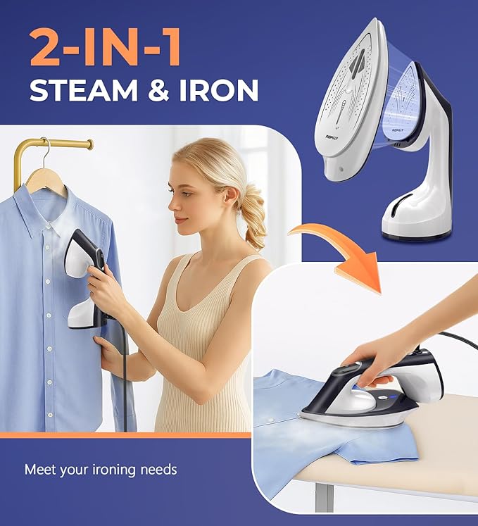 Ropilly Steamer for Clothes, 1600W 2-in-1 Steamer & Iron with Large Ceramic Plate, Powerful Turbo Steam, Smart Temperature Control, Auto-Off, Wrinkle Remover for All Fabrics