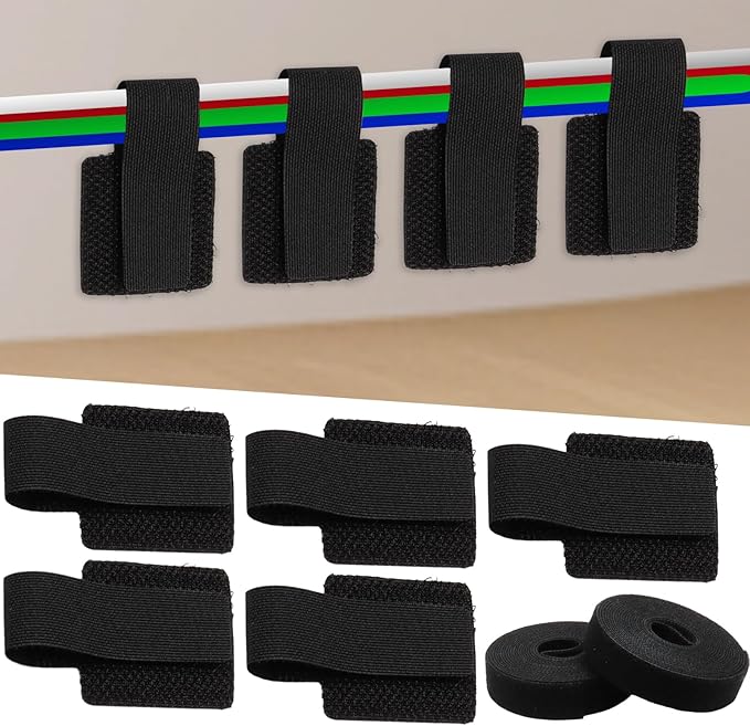 Rierdge Cable Management Kit - 40 Heavy-Duty Self-Adhesive Hook & Loop Ties with 2 Extra-Long Extension Straps for Desk, Home Office & Workshop (Black)
