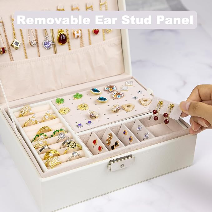 SYCARON Jewelry Box Organizer for Women, Jewelry Organizers 2 Layer Jewelry Storage Box PU Leather with Lock for Women Girls Rings Earrings Necklace Bracelets, Off White