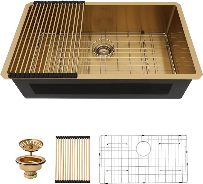 Lordear 32 Undermount Kitchen Sink Matte Gold 32X19 Kitchen Sinks16 Gauge Stainless Steel Deep Single Bowl Handmade Sink Basin