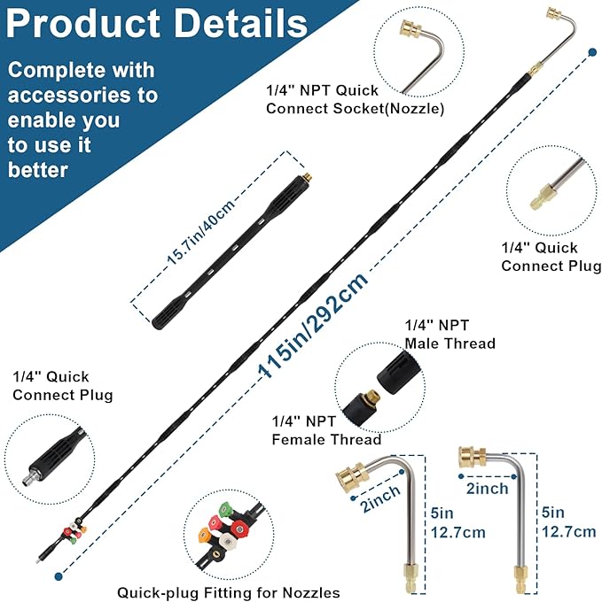 Hoqqf Upgraded Pressure Washer Extension Wand,Up to 115in,4000 PSI Gutter Cleaner Attachment with 6 Tips,1/4"Quick Connect, Leak-Resistant Ring
