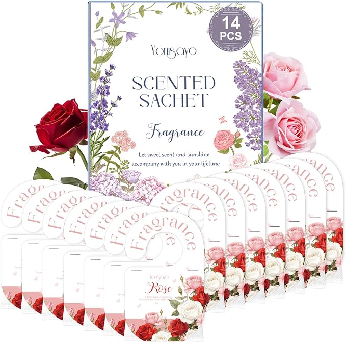 14 PCS Rose Sachets Bags for Drawers and Closets, Long Lasting Scented Sachets Air Fresheners, Natural Odor Eliminator, Home Fragrance for Wardrobe, Shoe Cabinet, Car & Bathroom Potpourri Bag