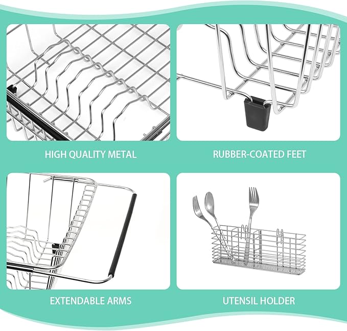 BTLATHA Sink Dish Drainer Rack, Expandable 304 Stainless Steel Dish Drying Rack Organizer with Stainless Steel Utensil Rack, Adjustable 15.35" to 20.47" Inside The Sink (up to 13 Upright Utensils).