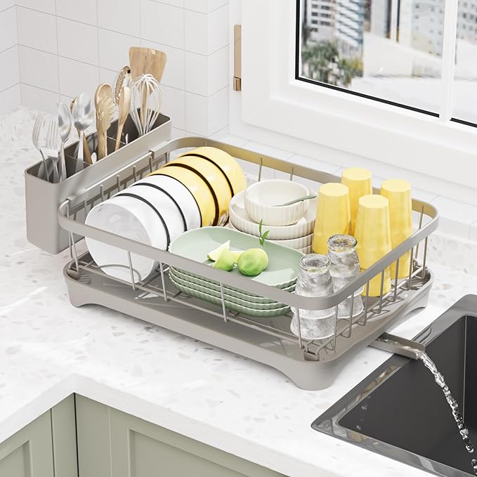 LIYI Dish Drying Rack, Adjustable Spout Design,Kitchen Dish Racks,Made of Iron Material,with Removable Draining Board,Suitable for Kitchen and Caravan Use Scenarios,Grey