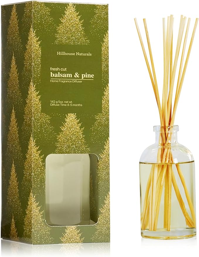 Hillhouse Naturals Reed Diffuser Set - Fresh Cut Balsam & Pine Scent Diffuser - Reed Diffusers for Home with Long Lasting Fragrance – 6 oz Oil – Diffuse Time 4-6 Months – Made in The USA