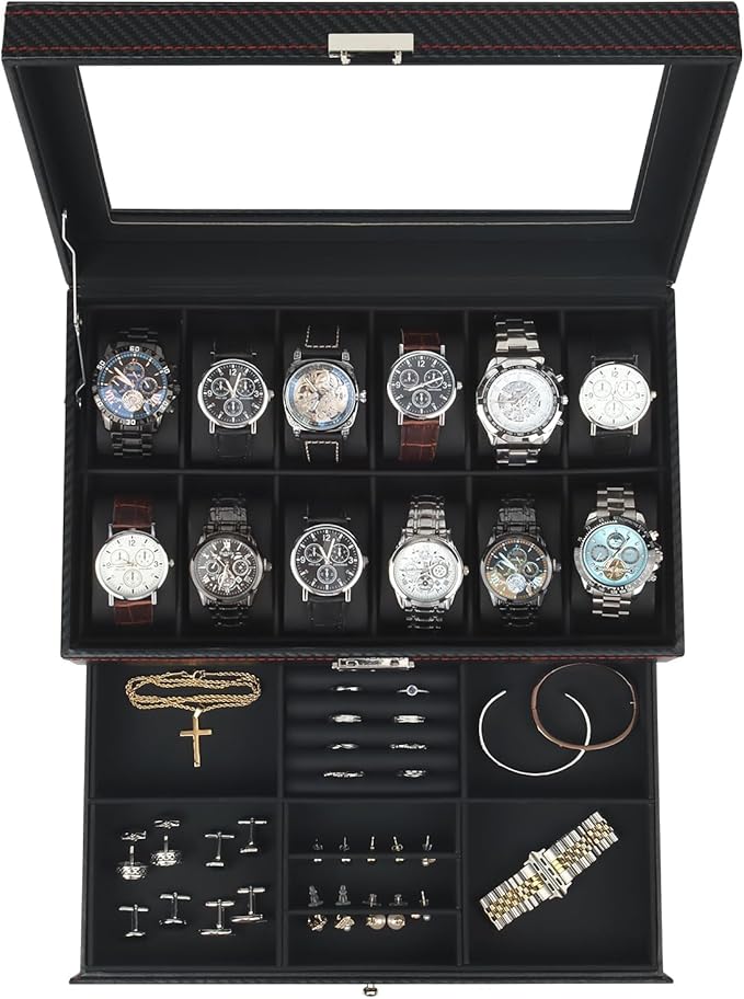 Kukikan Watch Box Jewelry Organizer, 12-Slot 2-Layer Watch Case Storage with Large Glass Lid, Watch Storage Case for Men with Lock, Watch Holder Display Case, Gift for Men Women
