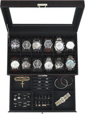 Kukikan Watch Box Jewelry Organizer, 12-Slot 2-Layer Watch Case Storage with Large Glass Lid, Watch Storage Case for Men with Lock, Watch Holder Display Case, Gift for Men Women