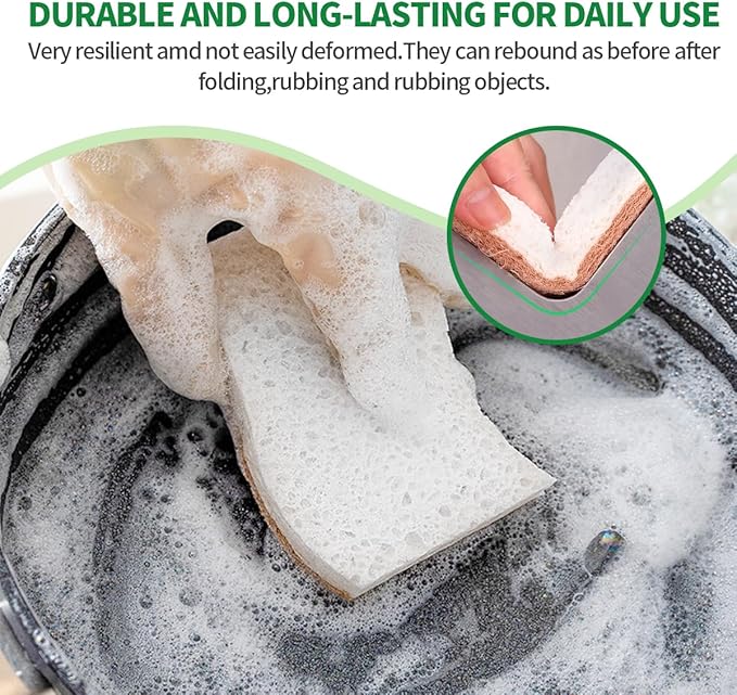 Sponges Kitchen Natural Dish Sponge Plant-Based Biodegradable Compostable Cellulose with Coconut Scrubber Sponge Non Scratch Eco Friendly Kitchen sponges for Kitchen Dishes（Pack of 16）
