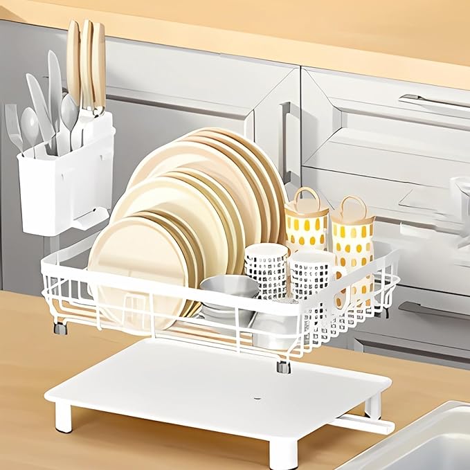 BULIJUJU Small Dish Drying Rack, Space Saving Dish Racks for Kitchen Counter, Kitchen Organizer Dish Drainer with Cutlery Holder for Spoons and Forks, 11''W x 15''L, White