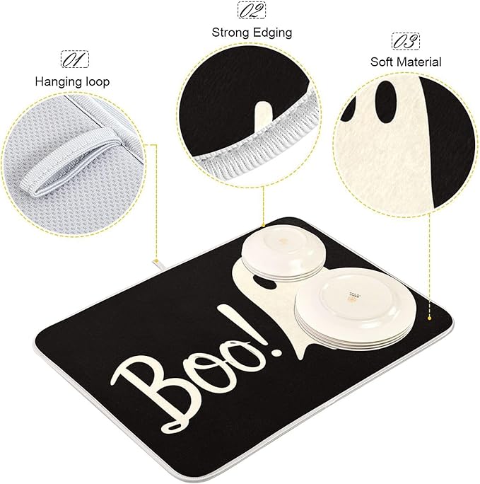 Halloween Ghost Boo Dish Drying Mat for Kitchen Countertop 16x18 Spooky Black Small Drying Mat Reusable Quick Dry Dish Sink Mats Easy Clean Decorative Essentials