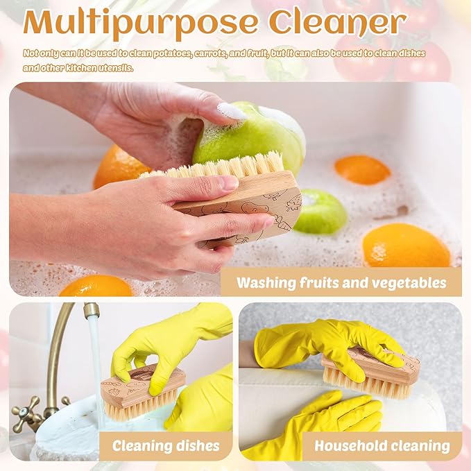 Vegetable and Fruit Cleaning Brush Scrubber Beechwood Handle Fruits Veggie Wash Brushes Potato Carrot Cucumber Mushrooms Washing Cleaner(Beige A, 1)