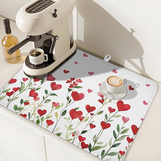 Valentines Day Dish Drying Mat for Kitchen Counter 24x18 Inch Green Red Heart Drying Mat with Absorbent Reversible Microfiber Holiday Love Dish Drainer Mats Rack Pad for Coffee Countertop Protector