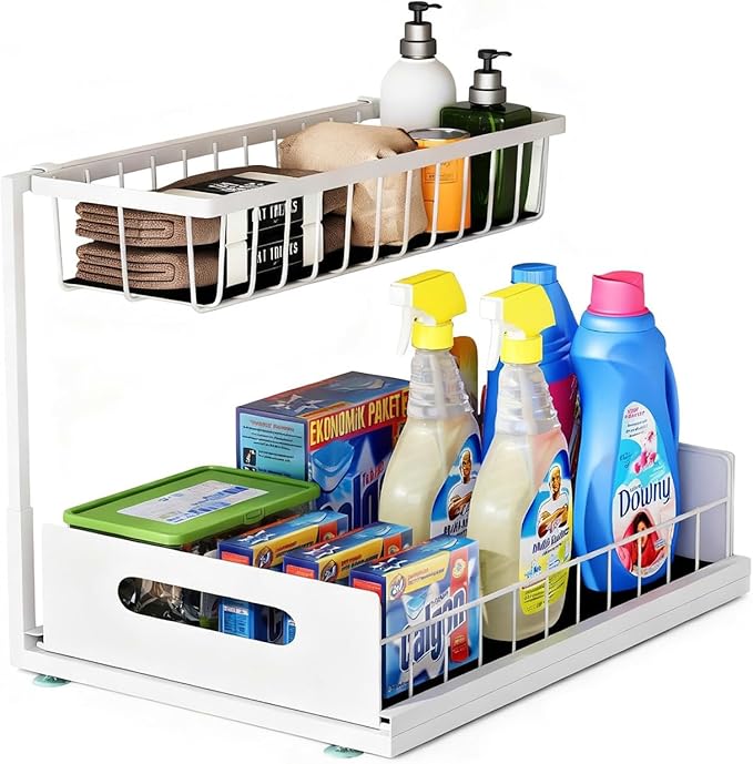 UINOFLE Under Sink Organizer, 2 Tier Pull-Out Cabinet Storage Shelf, Rust-Resistant Metal Organizer for Kitchen Bathroom Laundry Room, No Tools Installation, 1 Pack White