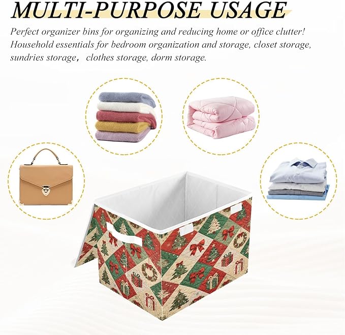 Christmas Tree Bow Gift Storage Bins with Lids Foldable Storage Basket with Handles Collapsible Large Fabric Organizer Containers for Clothes Shelves Closet Office Home
