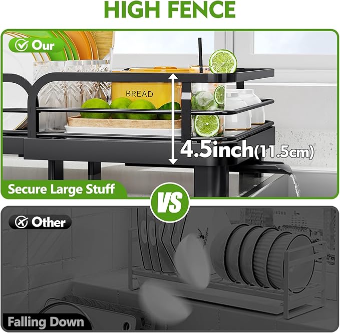 TOOLF Expandable Dish Rack, Dish Drying Rack for Kitchen Counter, Foldable Dish Dryer Rack, Stainless Steel Dish Drainer Racks with Cutlery Holder, Collapsible Dish Drying Racks Standard Size,Black