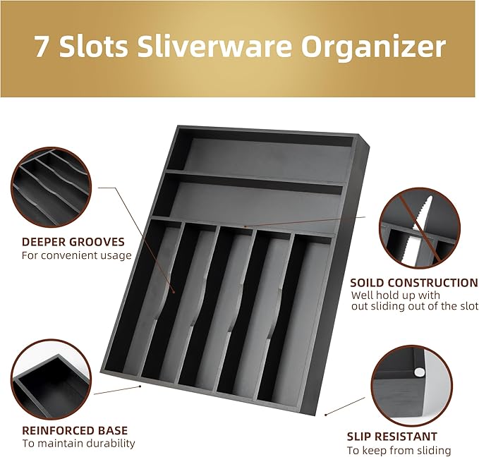 Besilord Silverware Organizer Kitchen Drawer Organizer Utensil Organizer Bamboo Silverware Holder Cutlery Organizer in Drawer Flatware Organizer Tray(7 slots, Black