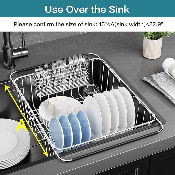 YZPGBT Large Dish Drying Rack in Sink Expandable, Adjustable304 Stainless Steel Metal Dish DrainerRack Organizer with Stainless Steel Utensil Holder Over Inside Sink Counter, Rustproof
