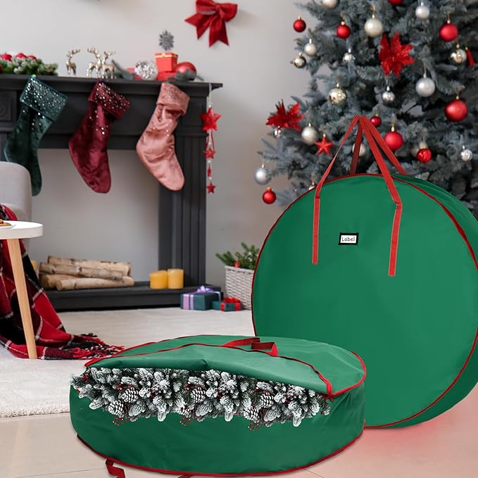 1 Pcs 60" Christmas Wreath Storage Bag Zippered Garland Holiday Container with Reinforced Handle Tear Resistant 600d Oxford Organizer Wreath Holder with Card (Green)