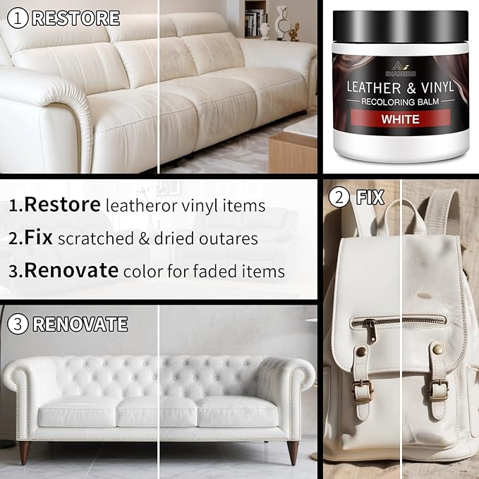 Leather Recoloring Balm and Scratch Repair Kit, White Leather Restorer for Couches, Furniture, Car Seats, Leather Paint & Stain for Sofa, Chairs, Bags, and More
